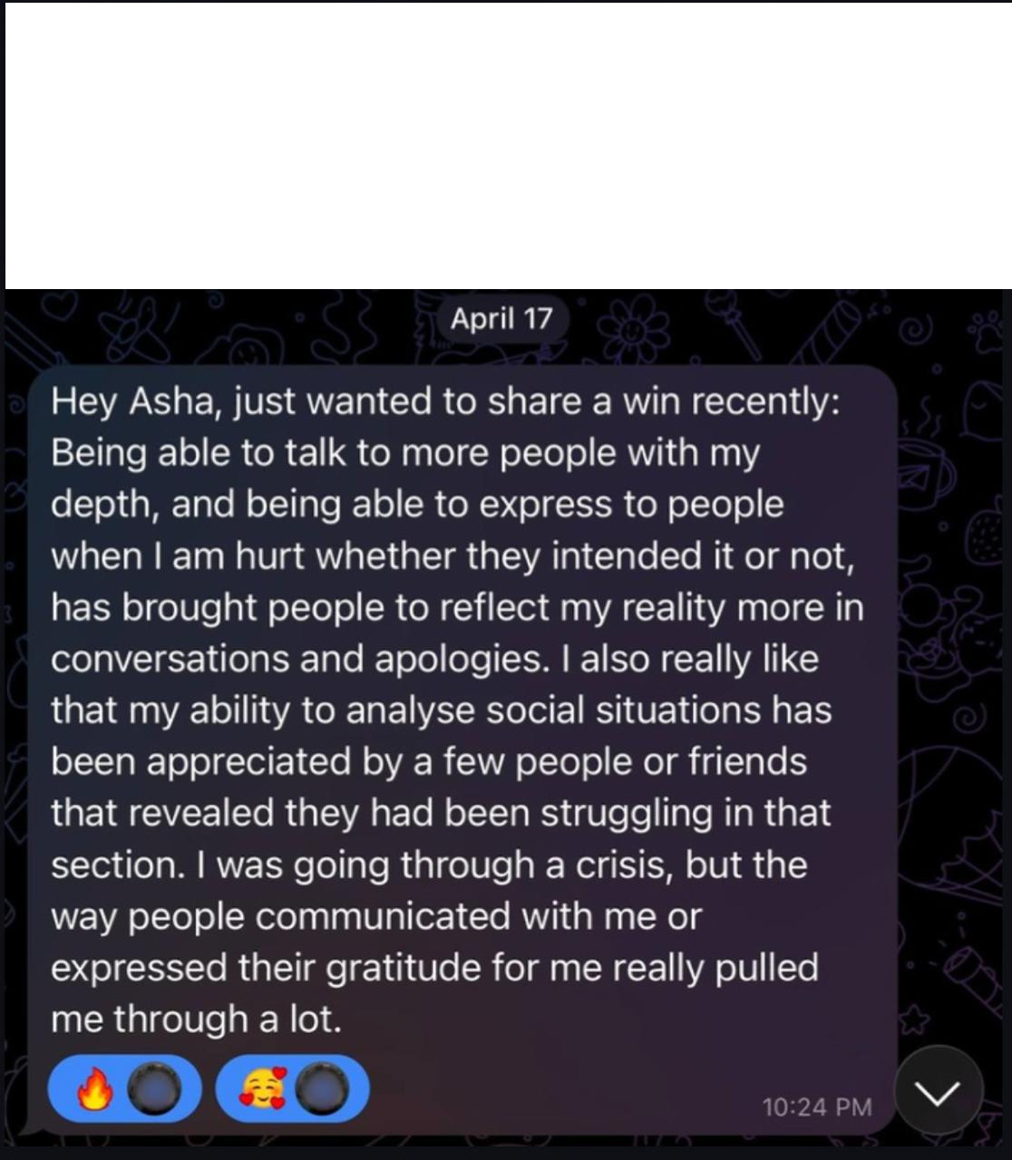 Client message sharing a win about connecting with people with more depth and reading social situations