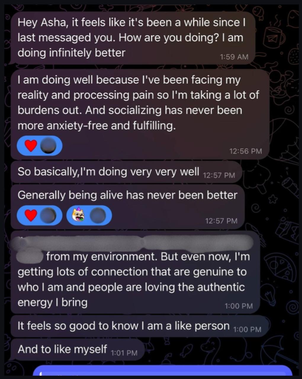 Client message: doing infinitely better, socializing anxiety-free, and finally likes themselves