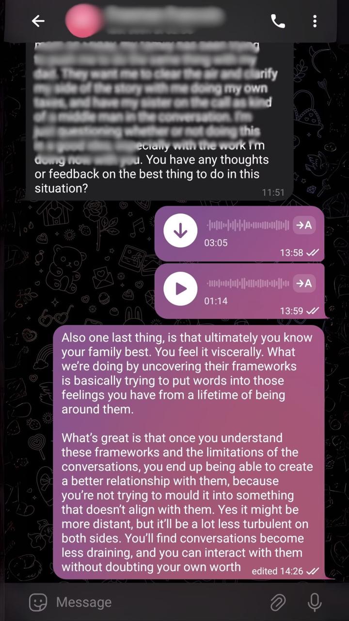 A real between-session message thread: a client asks Asha for help with a family situation, and Asha replies with voice notes and guidance